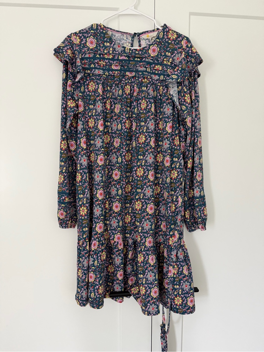 Boden Navy Floral Long-Sleeve Dress with Pink and Yellow Blooms
